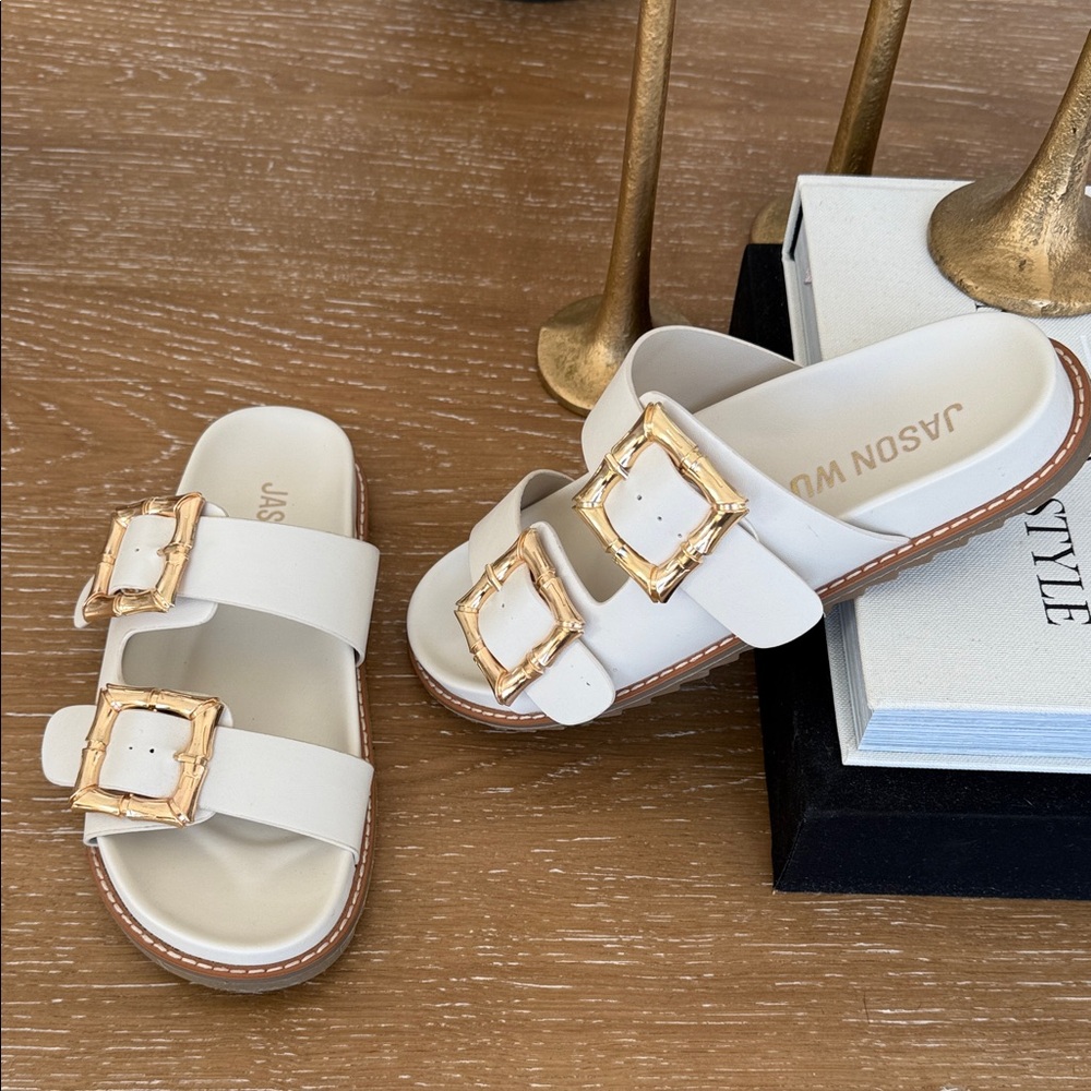Jason Wu Cream Double Buckle Slide Sandals Gold Hardware Size 7.5